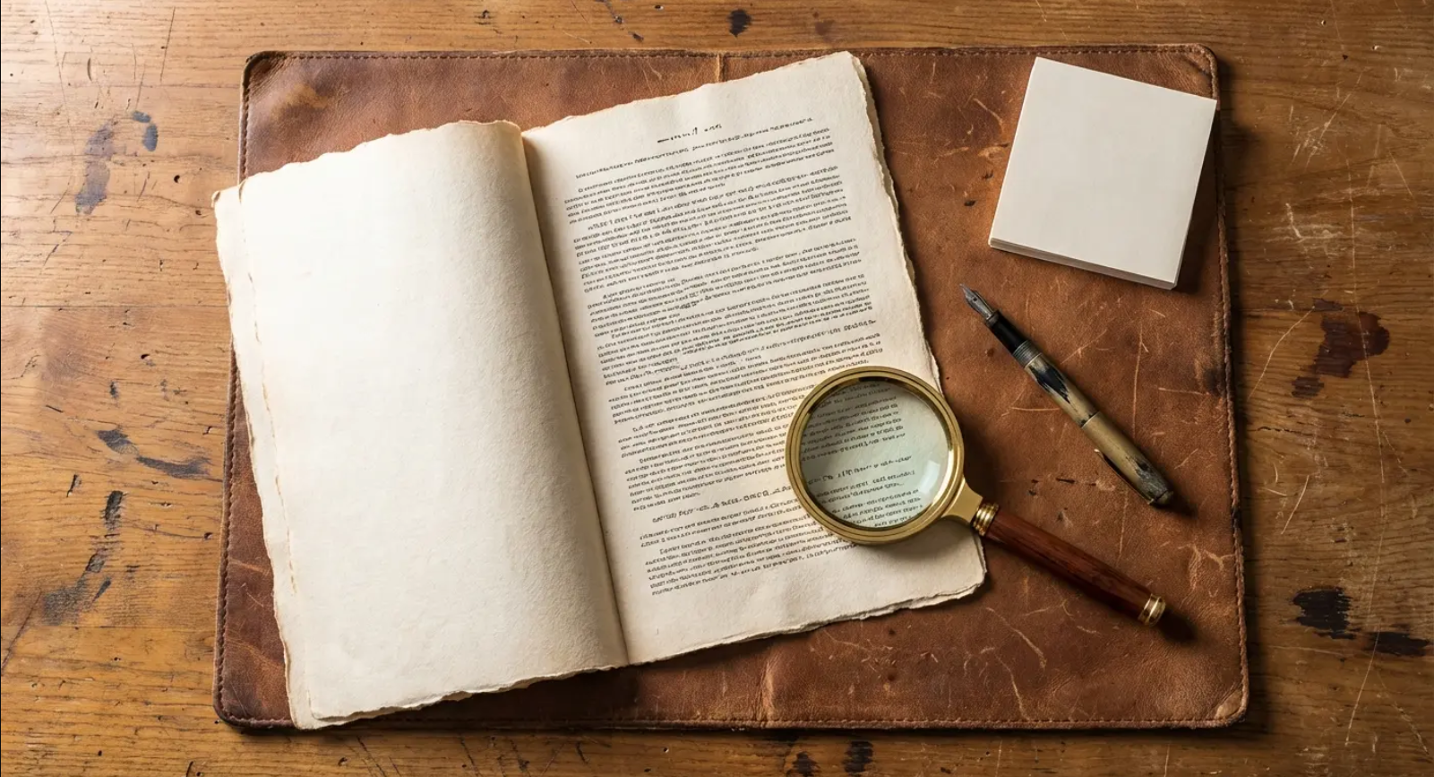 Open book with handwritten text, magnifying glass, pen, and notepad on a leather desk pad.