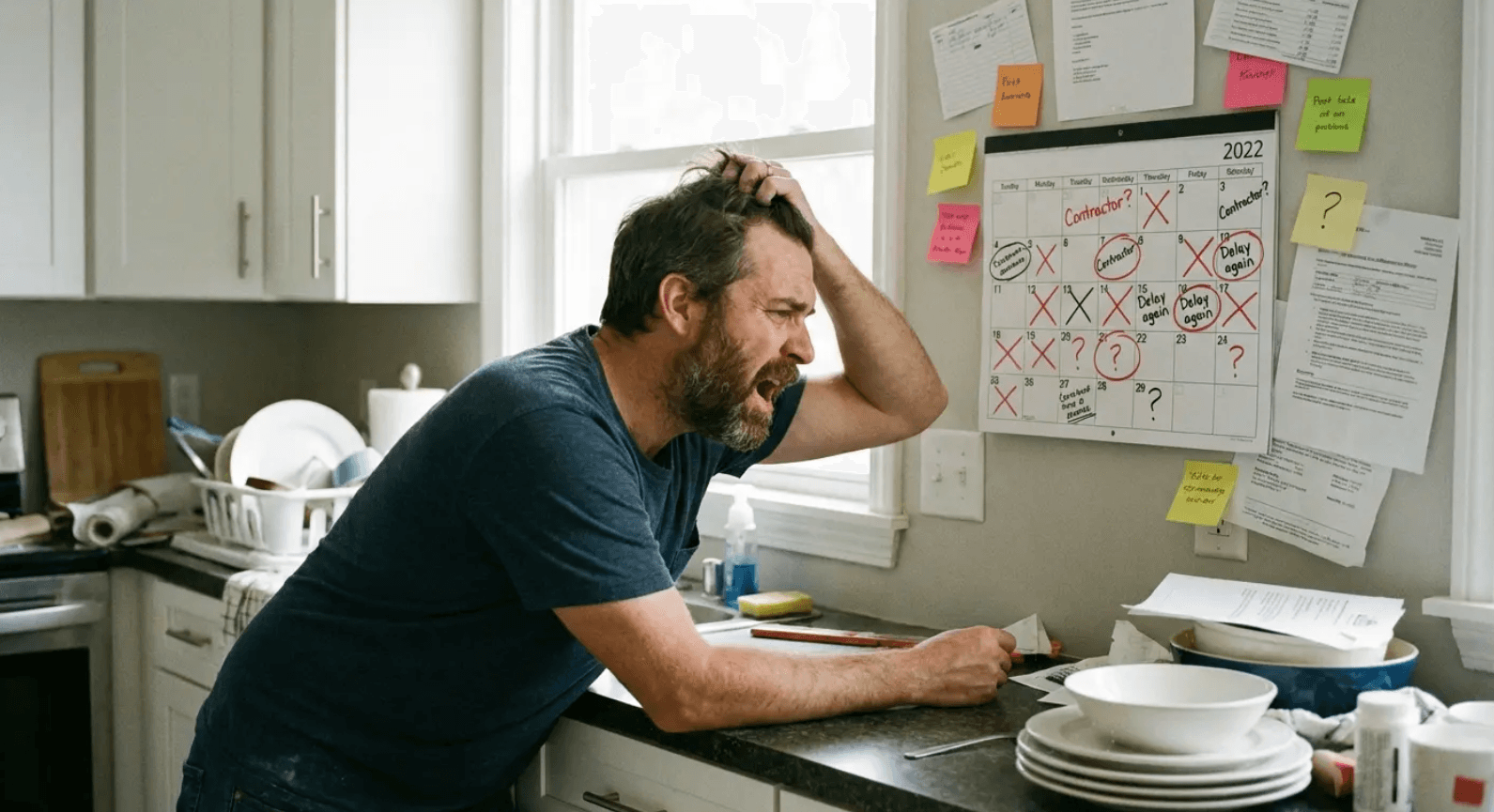 Homeowner stressed about planning and scheduling while figuring out how long it takes to replace a roof.