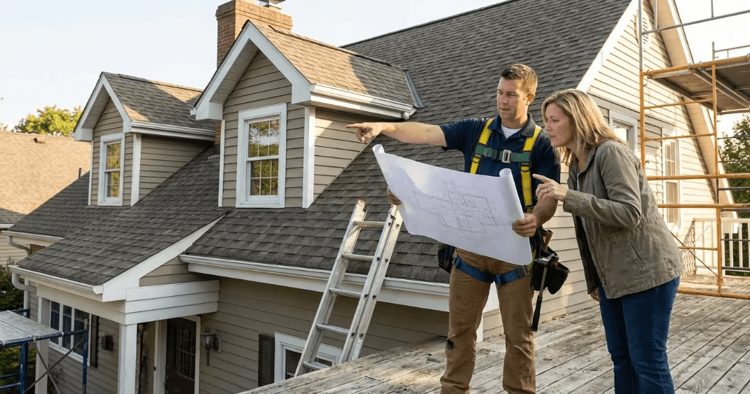 Contractor reviewing roof plans and measurements to determine the right roof overhang design for a home