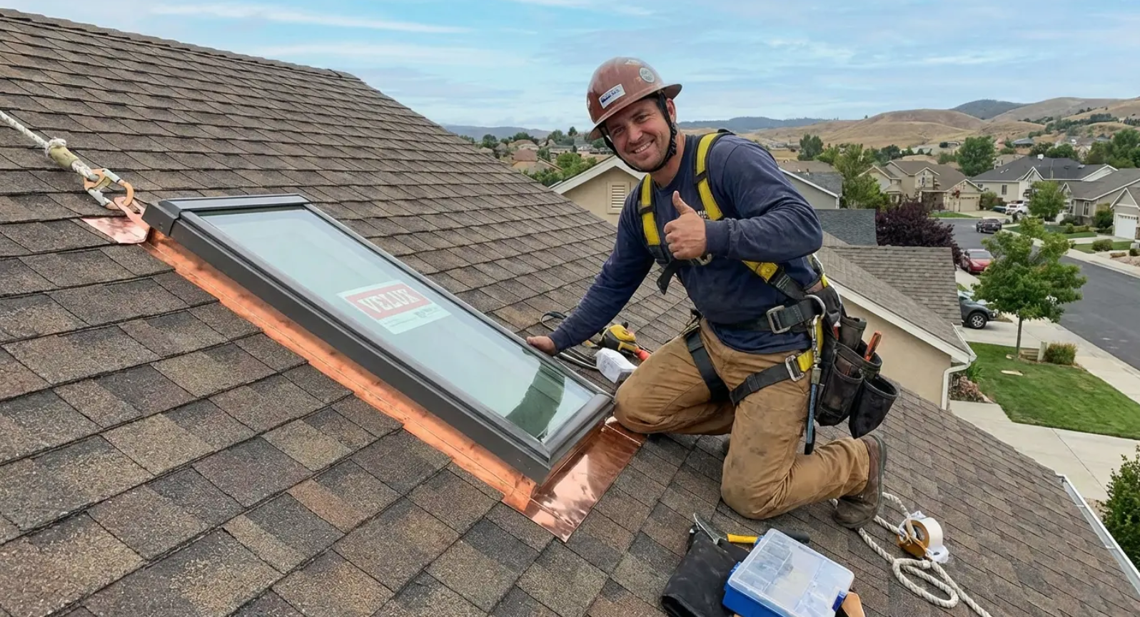 Roofer on a shingled roof installing a skylight. He wears a hard hat and safety harness, giving a thumbs up. Sunny day.