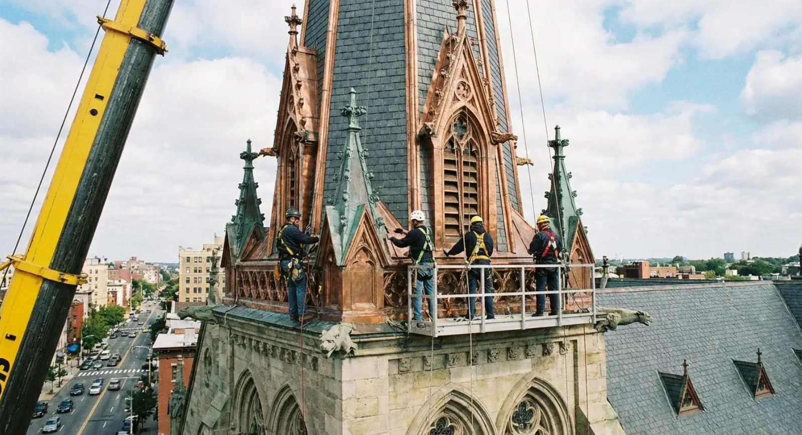 Workers on a platform atop a church spire, crane nearby. Blue sky, city view.