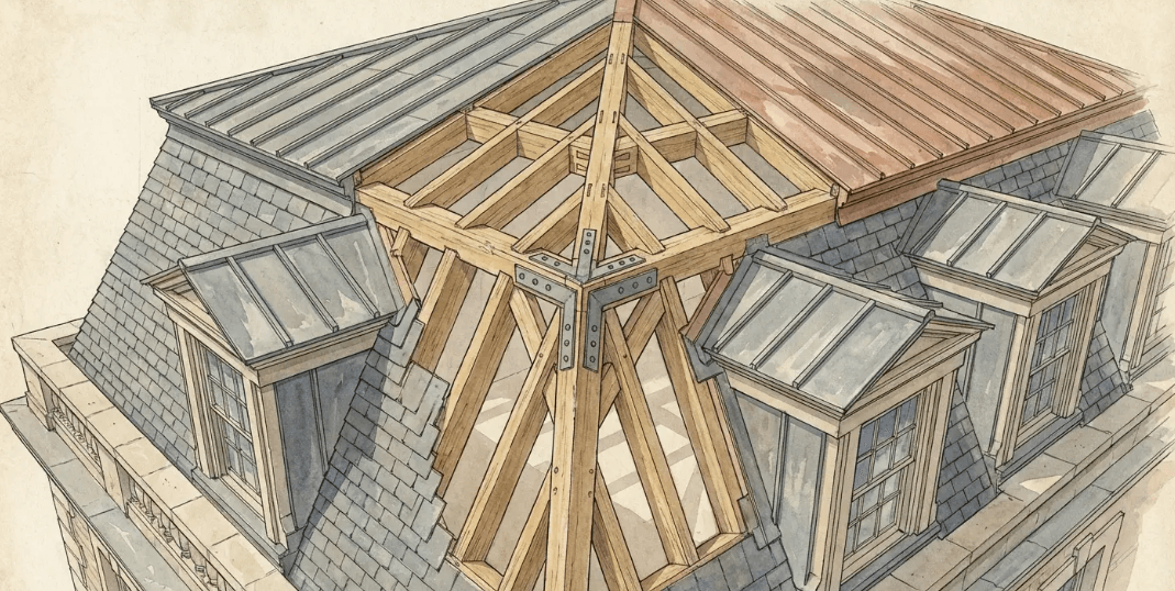 Detailed framing of a mansard roof with dormers and double-slope structure at the roof transition point