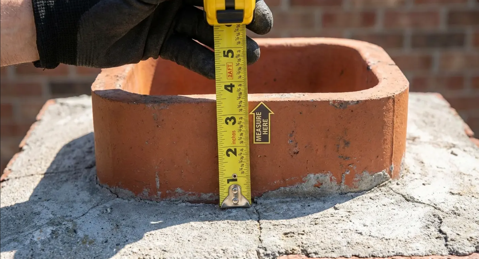 Hand measuring the height of a brick chimney flue with a yellow tape measure, outdoors.