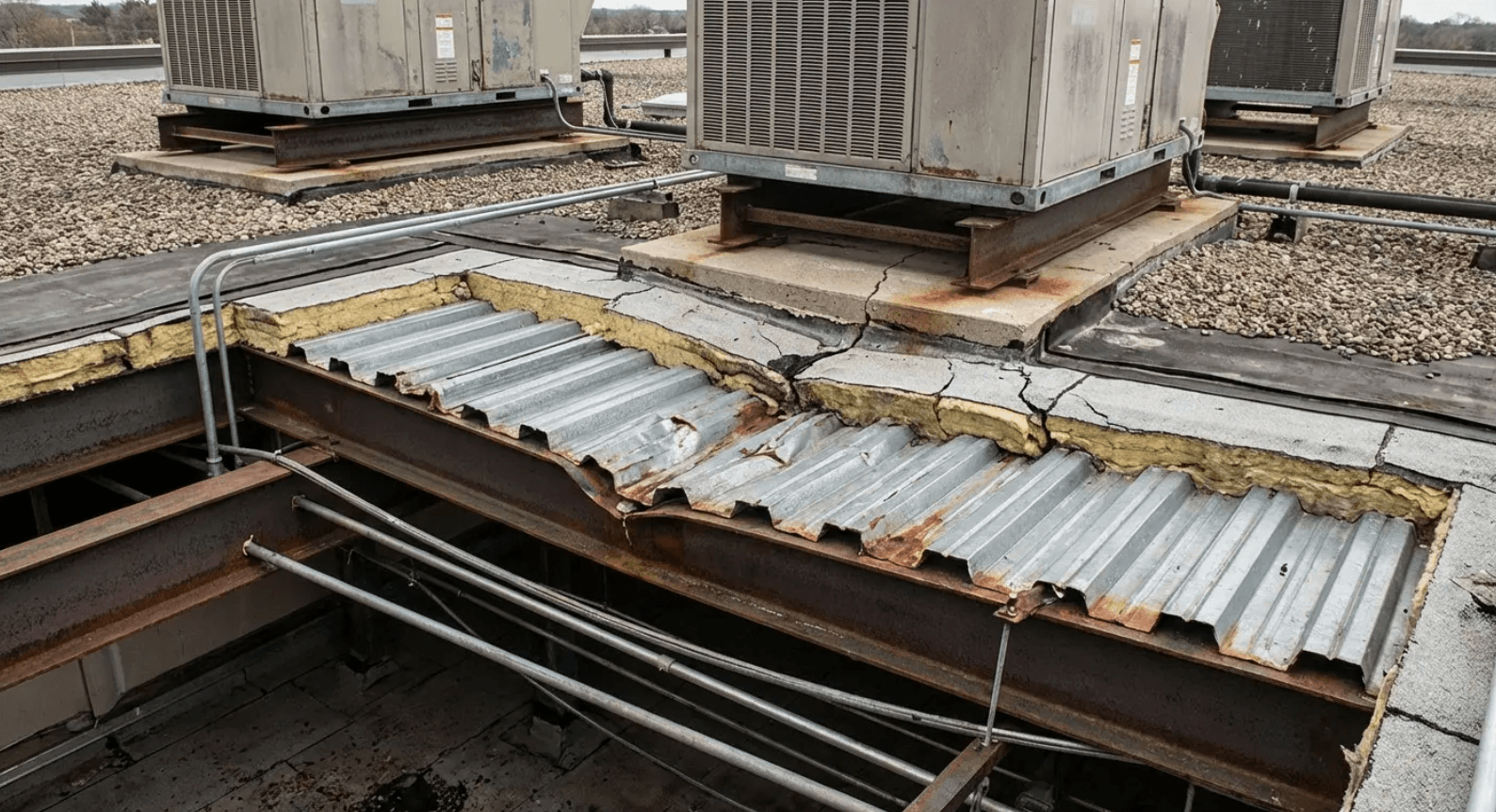 Hidden roof deck structural damage revealed during roof replacement inspection