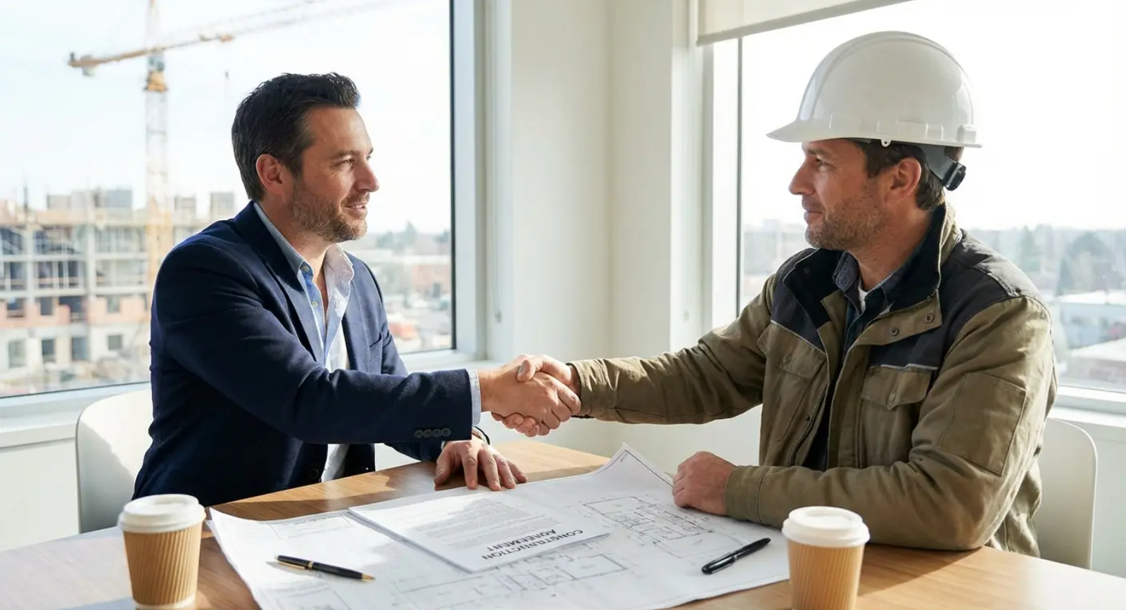 Two men shake hands over blueprints, in an office. One wears a suit, the other a hard hat.