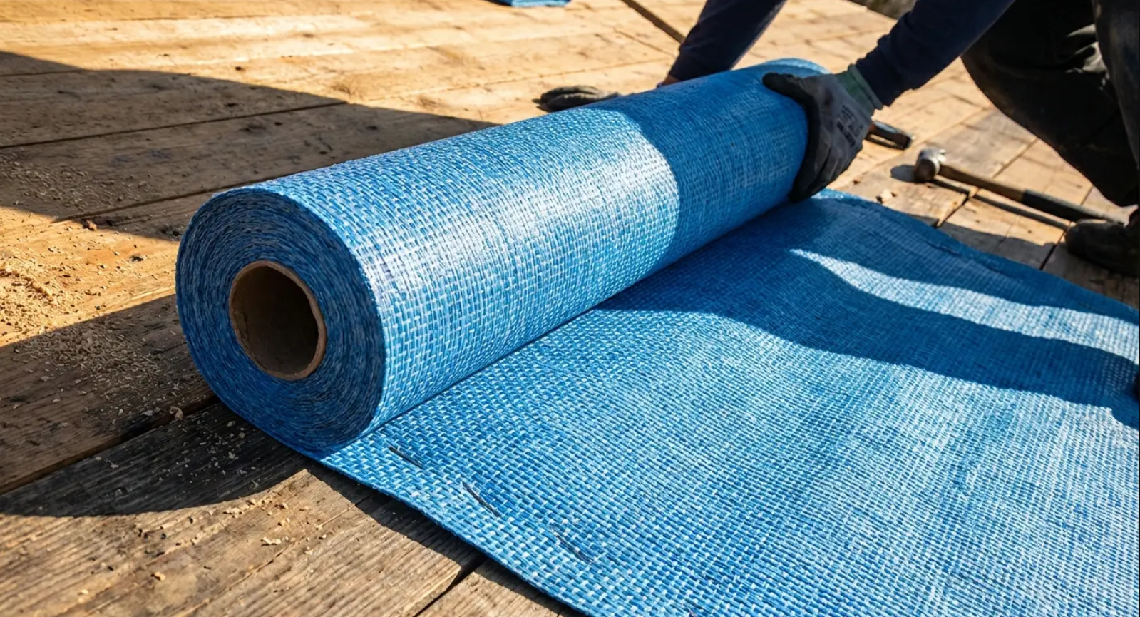 Person unrolling a blue, woven roll of roofing material on a wooden surface.