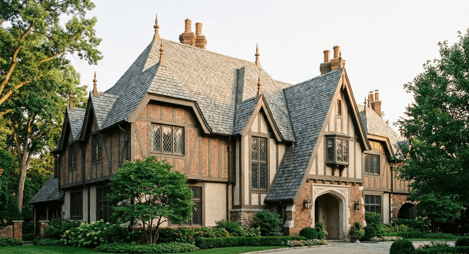 Tudor home with steep multi-gable roof - proof that different types of houses carry vastly different replacement costs