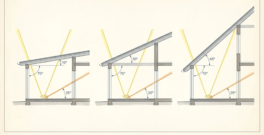 Diagram showing how roof pitch affects sunlight angles in extension patio roof ideas for better seasonal comfort