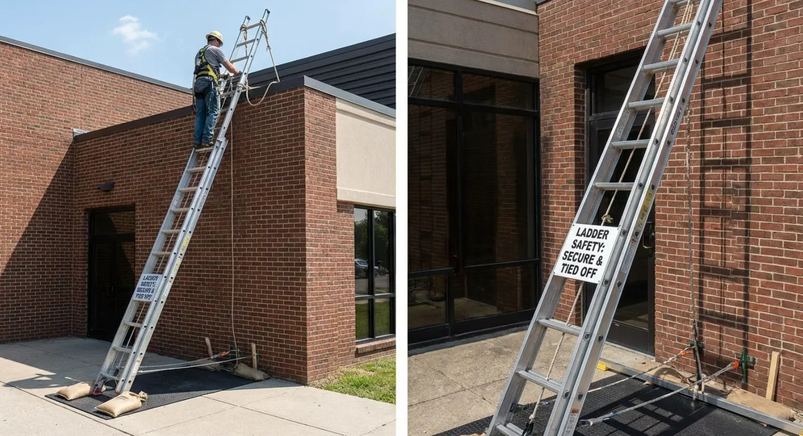 Our team uses a secured ladder and fall protection for safe flat roof maintenance on your building.