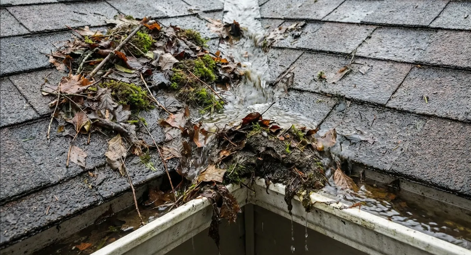 Gutter overflowing with wet leaves and debris on a shingle roof.