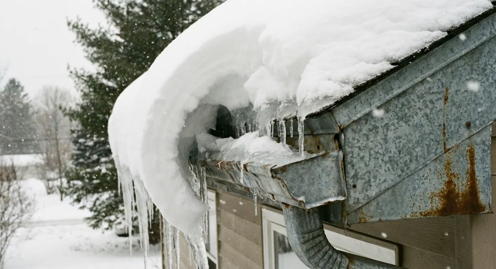 Snow and ice buildup on a roof gutter.