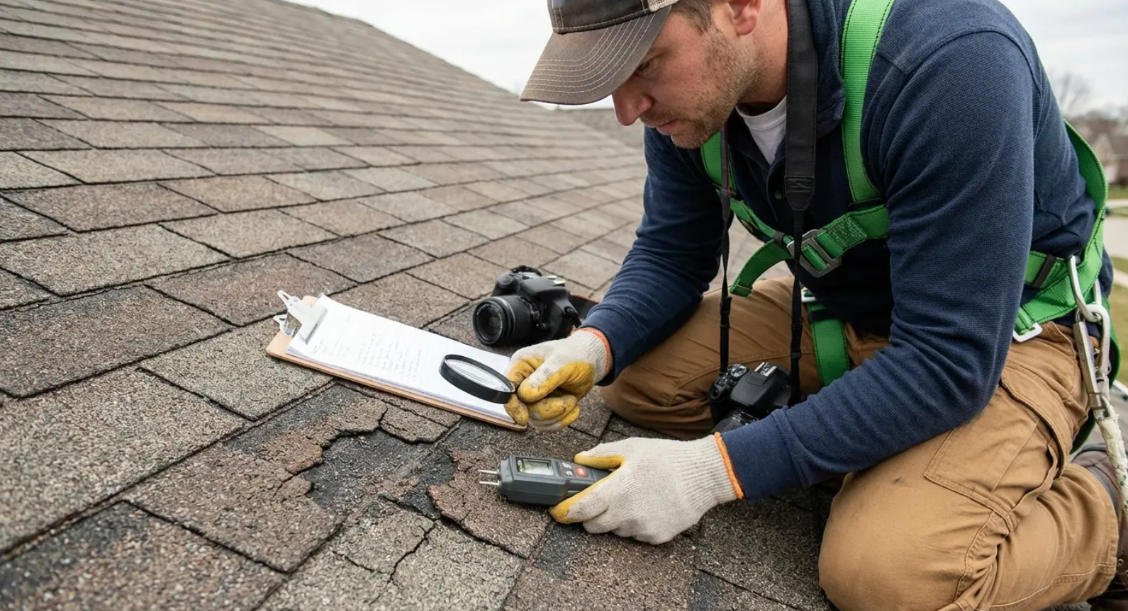 Certified roofer inspecting damaged shingles up close to assess roof leak repair cost