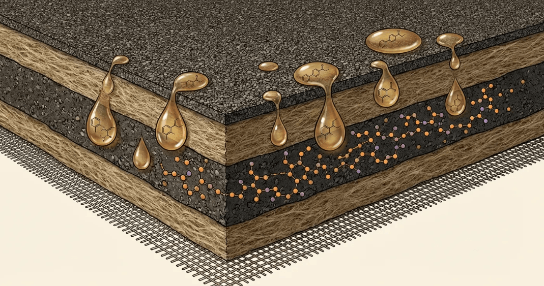 Illustration of shingles absorbing treatment oil to restore flexibility as explained in roof maxx reviews