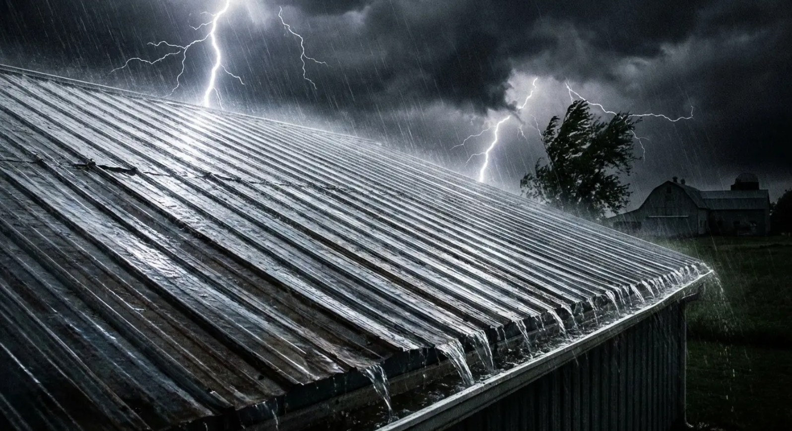 Lightning strikes during a rainstorm on a corrugated metal roof.