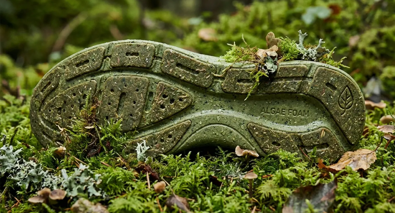 Green running shoe sole resting in moss.