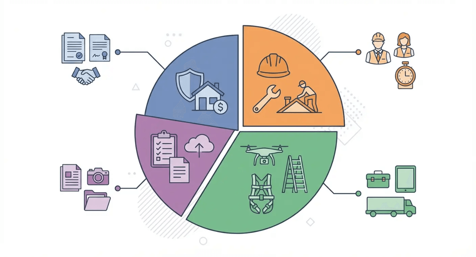 Pie chart breaking down what roof inspection cost actually covers - insurance, labor, documentation, equipment, and reporting