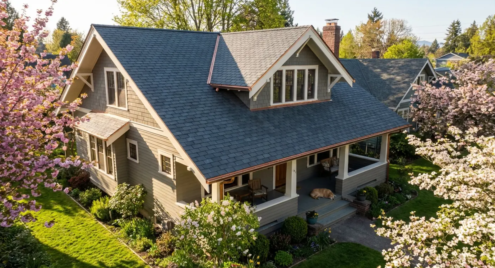 Home with a newly installed roof in spring, showing the best time to replace your roof when weather conditions are ideal.
