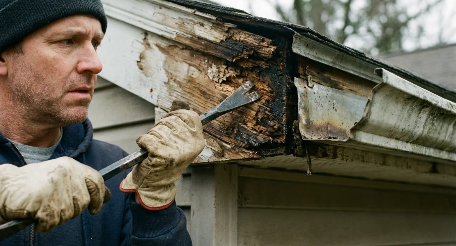 Man removing rotting wood from a gutter with a pry bar, wearing gloves and a beanie.