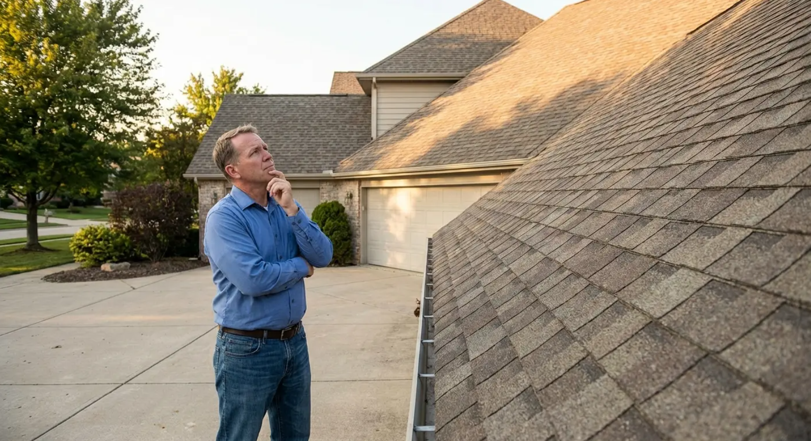 Homeowner studying aging shingles - the visible signs that an asphalt shingle roof replacement 