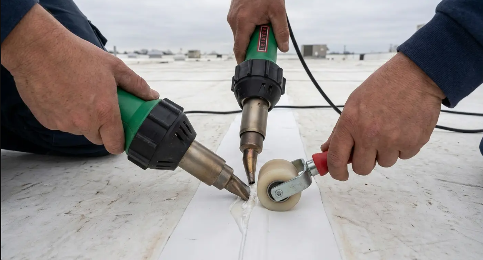 Hands welding a white roof seam with heat guns and a roller on a flat roof.