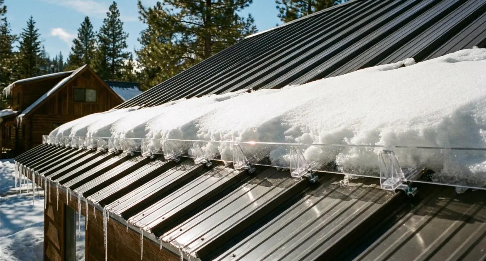 Snow-covered metal roof with icicles, wire snow guards, and a cabin in a snowy setting.