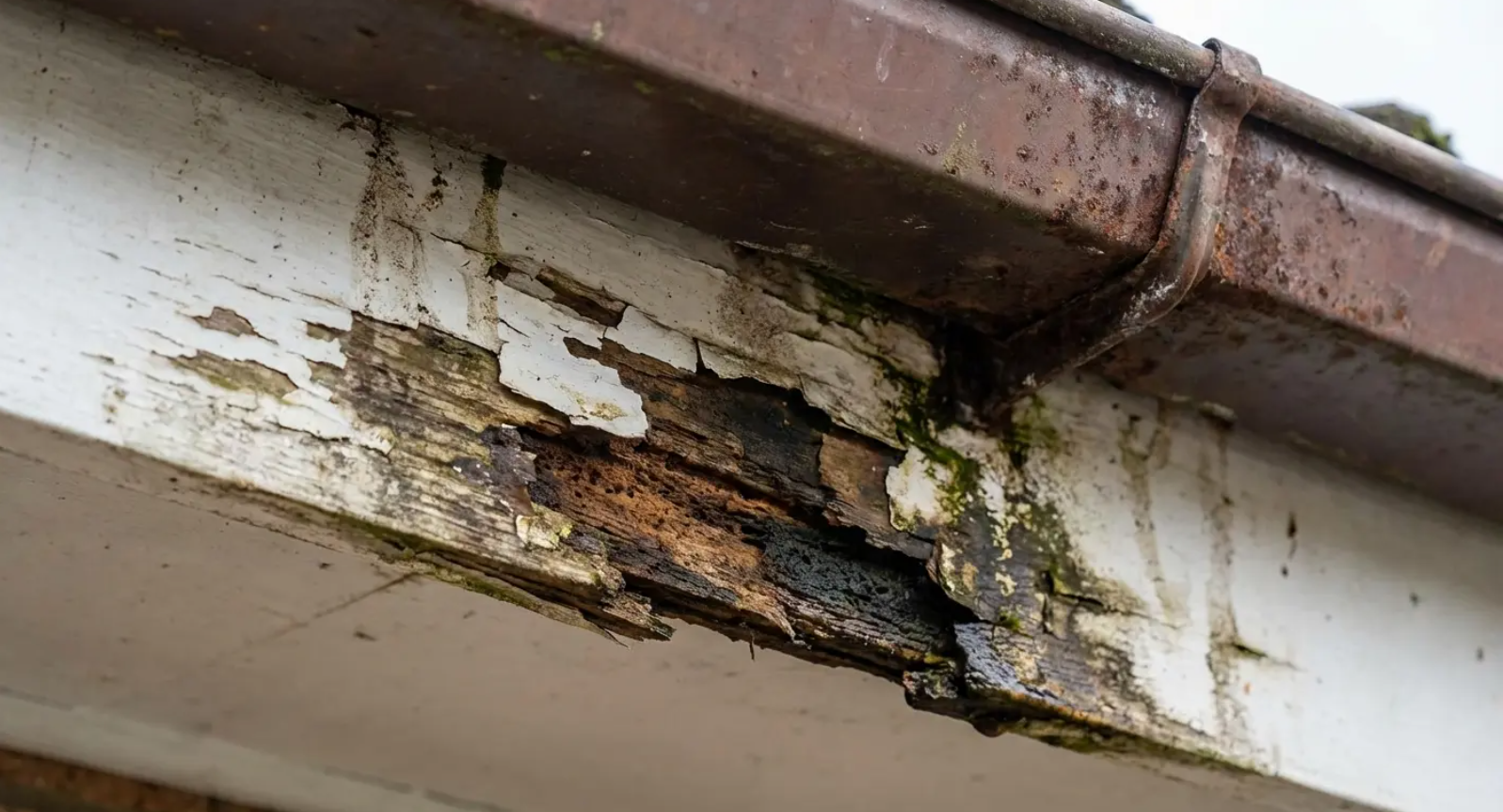 Severely rotted fascia showing damage caused by overflowing gutters.