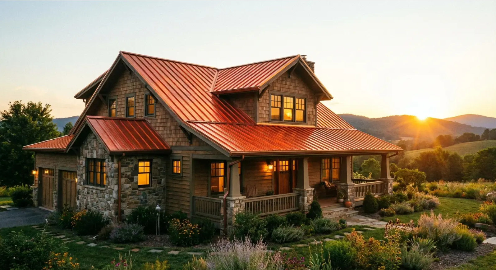 Stone and wood house with red roof at sunset, with a porch and surrounding yard.