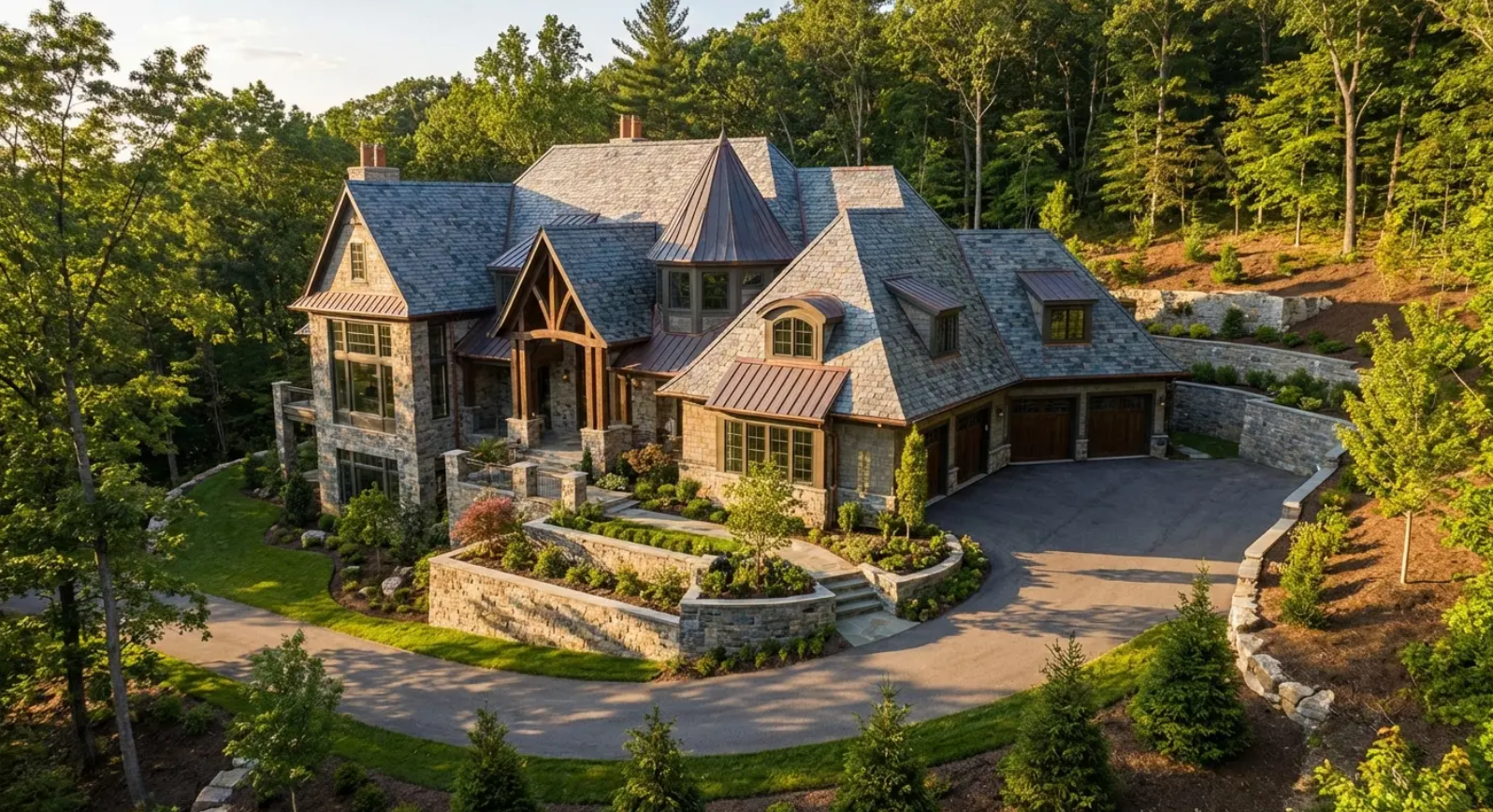 Stone mansion nestled in the woods, with a long driveway and tiered gardens.