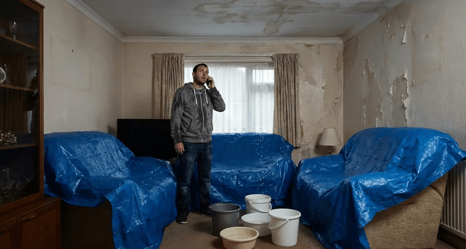 Interior ceiling water damage and buckets catching leaks from a failing roof, illustrating the risks of delaying roof replacement vs repair.