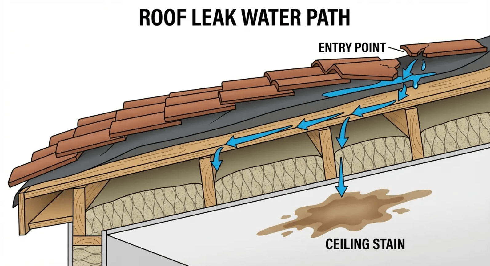 Diagram showing how water travels from a roof entry point down to a ceiling stain