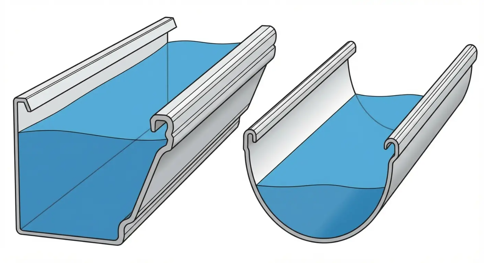 Two gutters, one rectangular, one rounded, both filled with blue liquid.