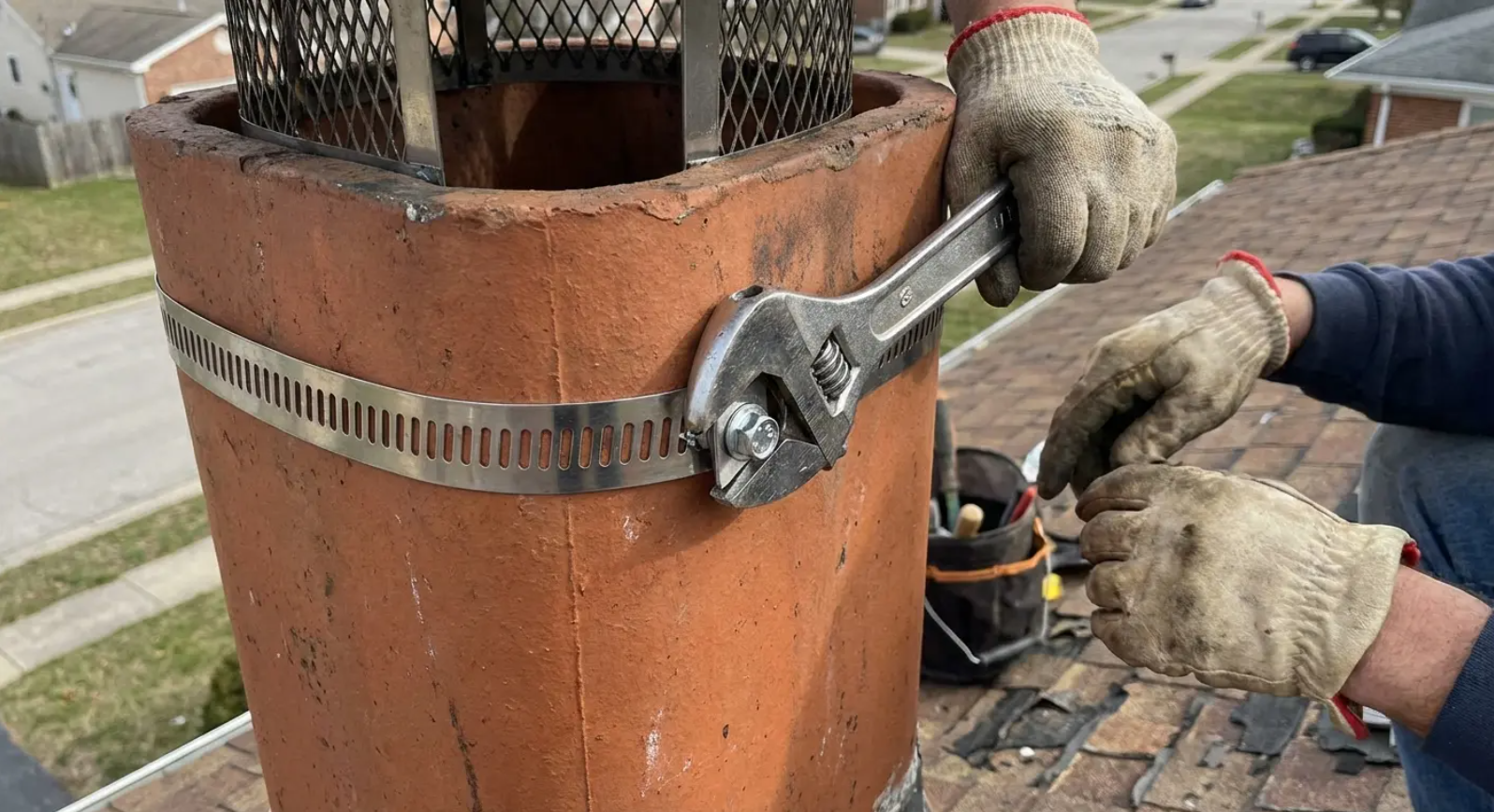 Person using a wrench to tighten a metal band around a brick chimney on a rooftop.