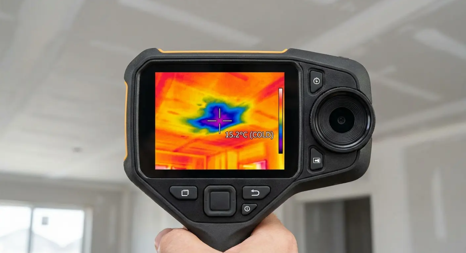 Hand-held thermal camera displaying heat signatures on a ceiling.