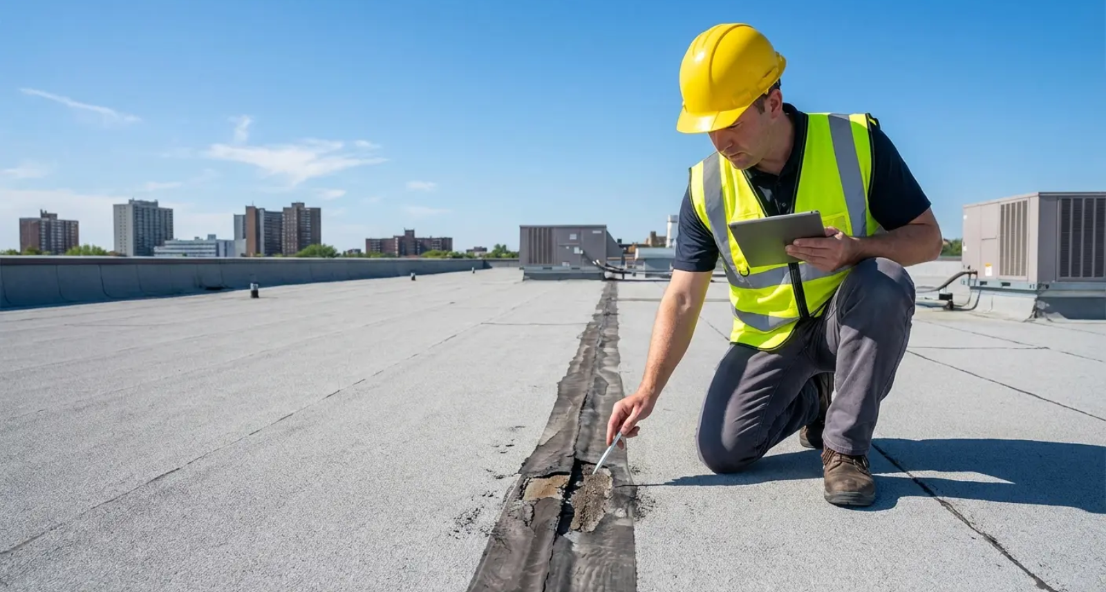 Person in hard hat and vest inspecting a flat roof, examining damage with tablet in hand.