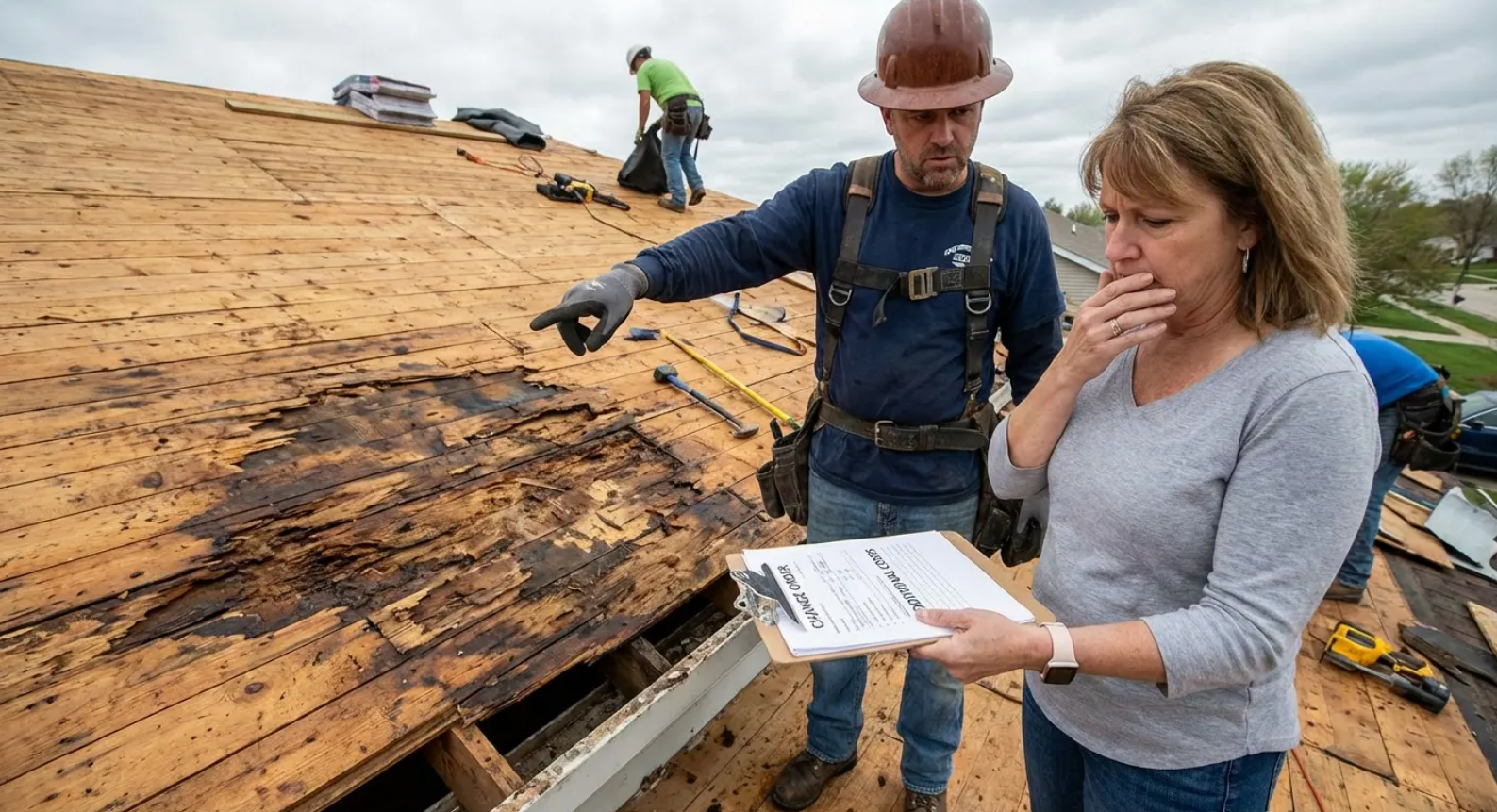 Contractor showing a homeowner roof damage during an inspection, highlighting why an instant roof qu