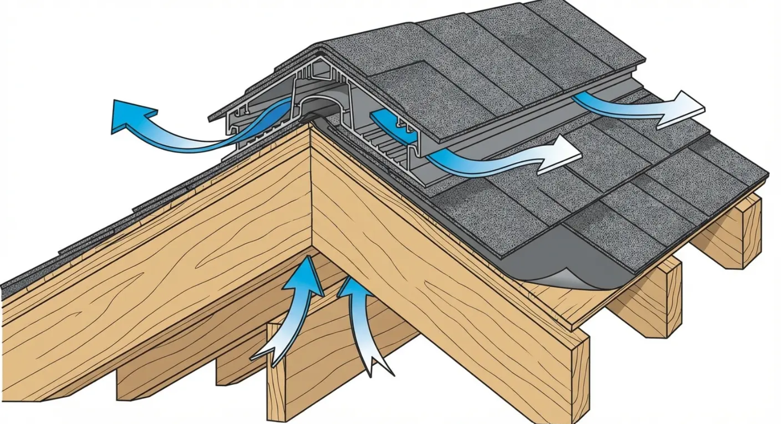 Diagram of roof construction with air flow showing ventilation through an enclosed ridge vent.