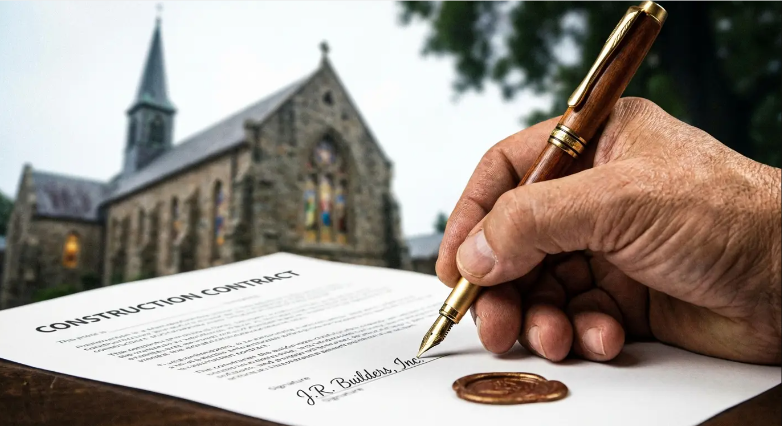 Hand signing a contract with a fountain pen in front of a church.