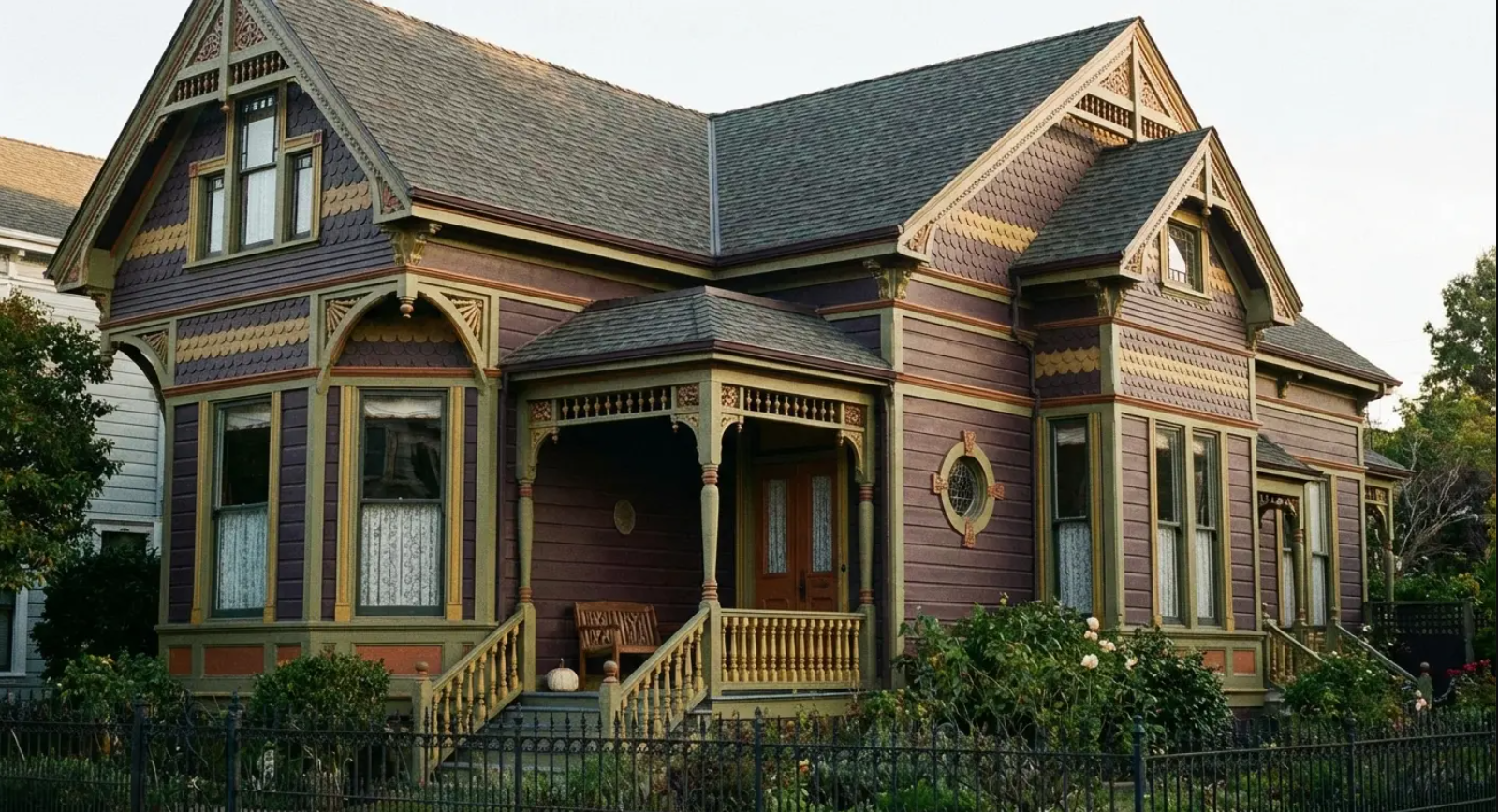 Victorian house with purple siding, intricate trim, and a small porch behind a black fence.