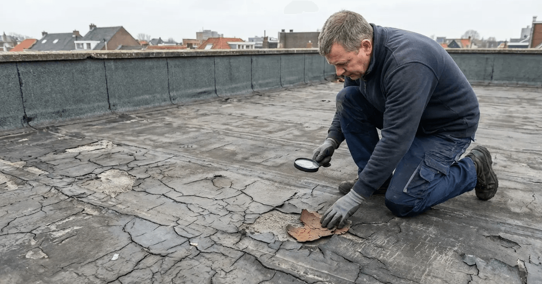 Roof inspector examining cracked flat roof membrane indicating need for replacement before costs increase