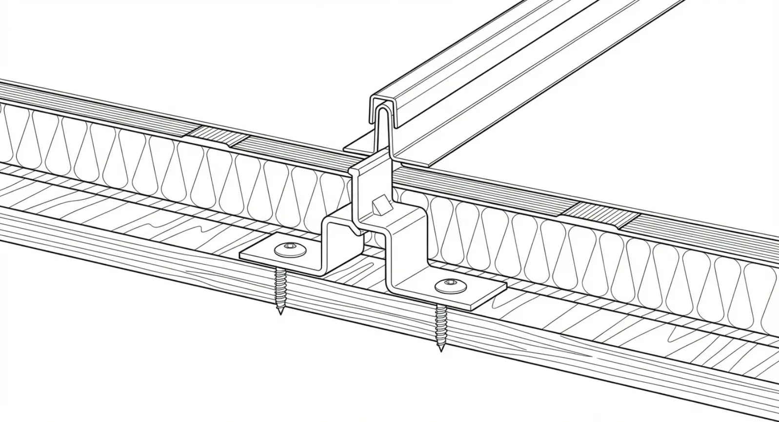 Diagram of a metal bracket attaching a suspended ceiling grid to a wooden structure.