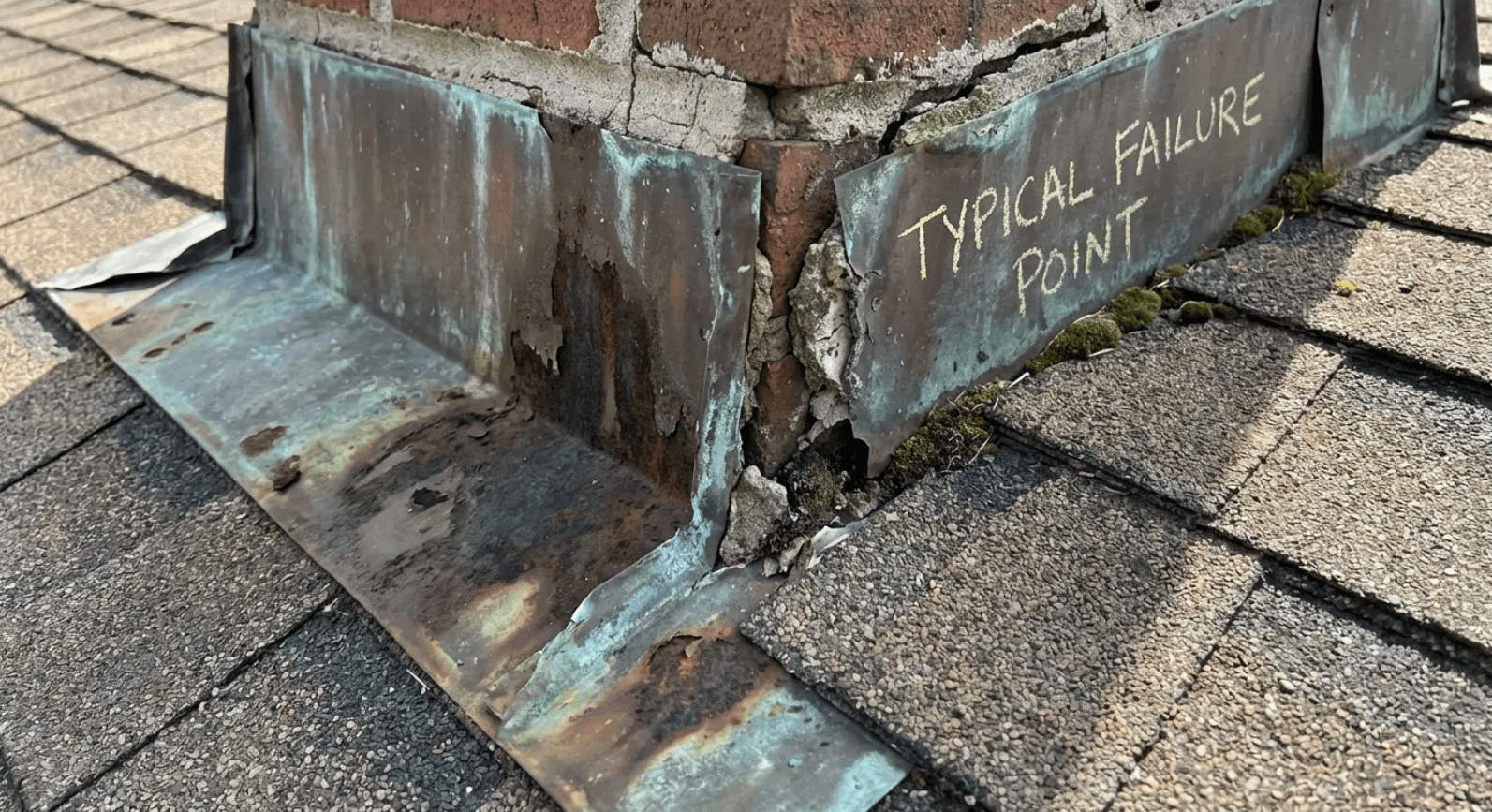 Cracked chimney flashing labeled as a typical failure point - pre-leak damage that affects roof leak repair cost