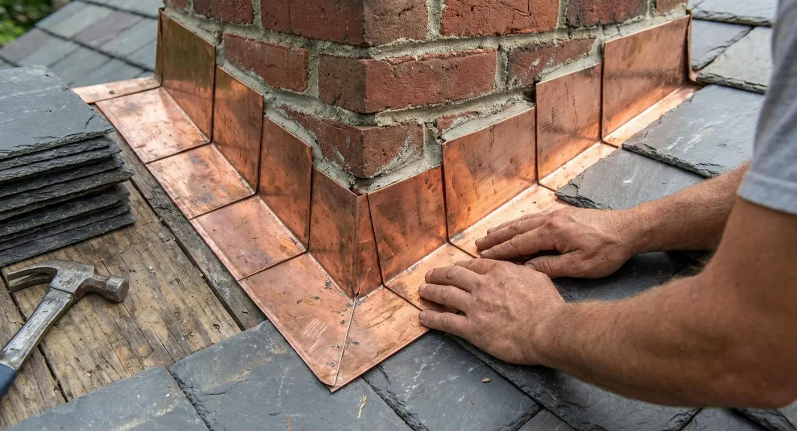 A contractor installing copper drip edge flashing around a chimney during a roof replacement.