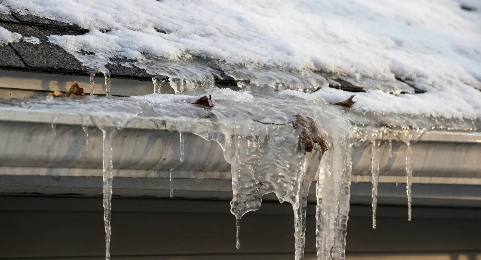 Snow and ice build-up on a roof's edge, with icicles hanging from the gutter.