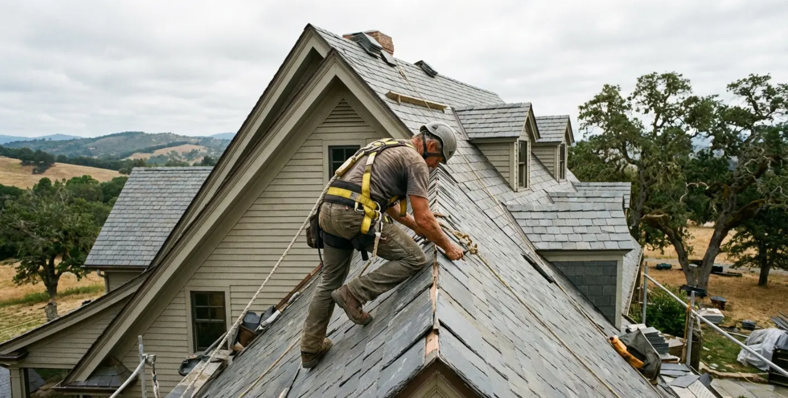 Roofer in safety harness working on a house roof under a cloudy sky.