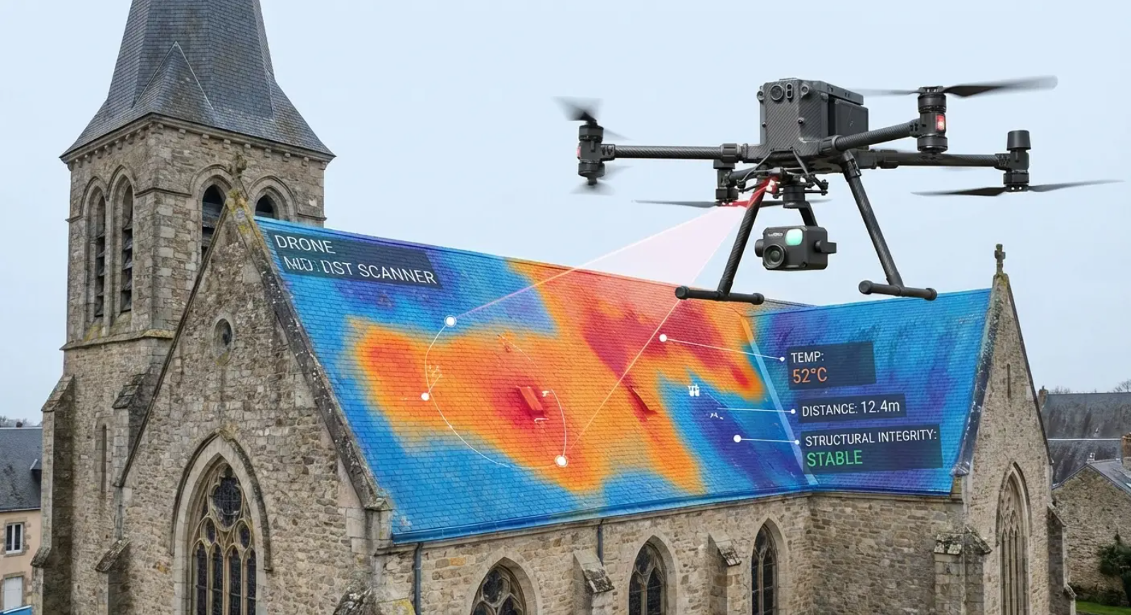 Drone inspecting a church roof with thermal imaging, displaying heat patterns on the tiles.