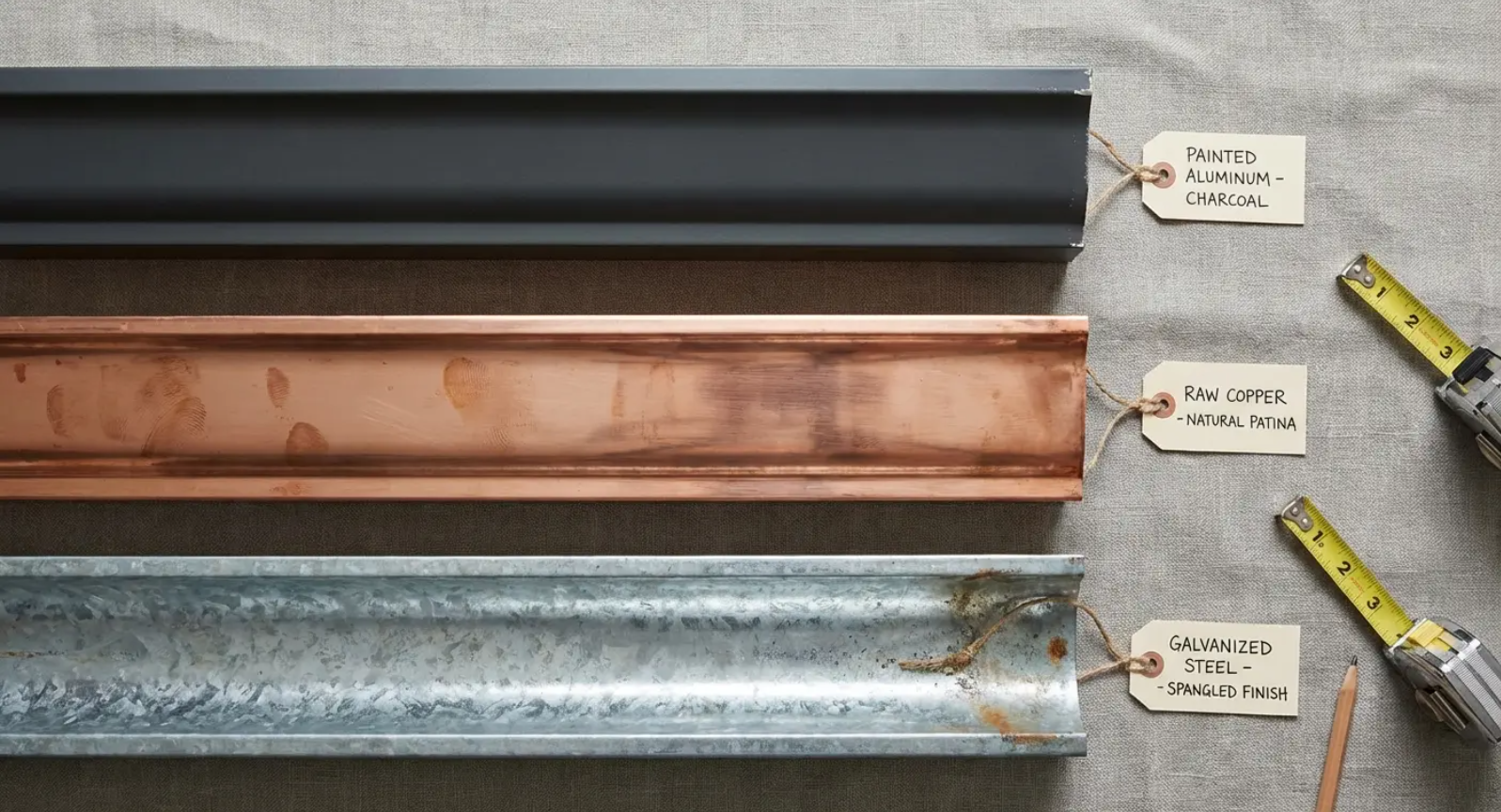 Three metal trim samples: dark gray, copper, and galvanized, with labeled tags and a tape measure.