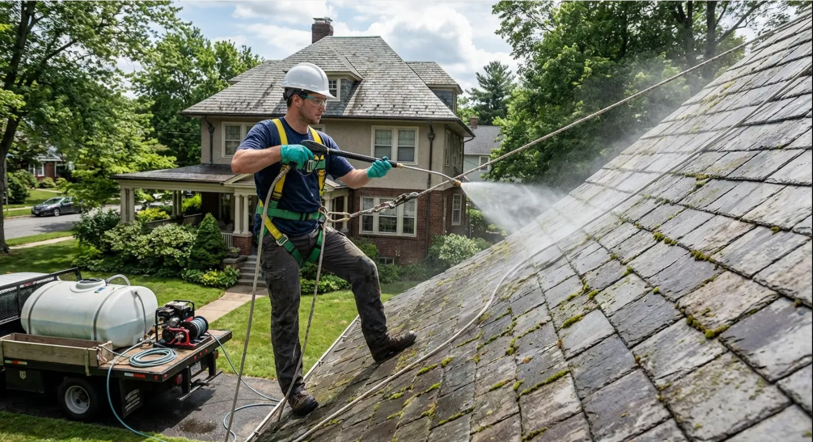 Man pressure washing a mossy roof. Safety harness, white hard hat, tank and truck visible.