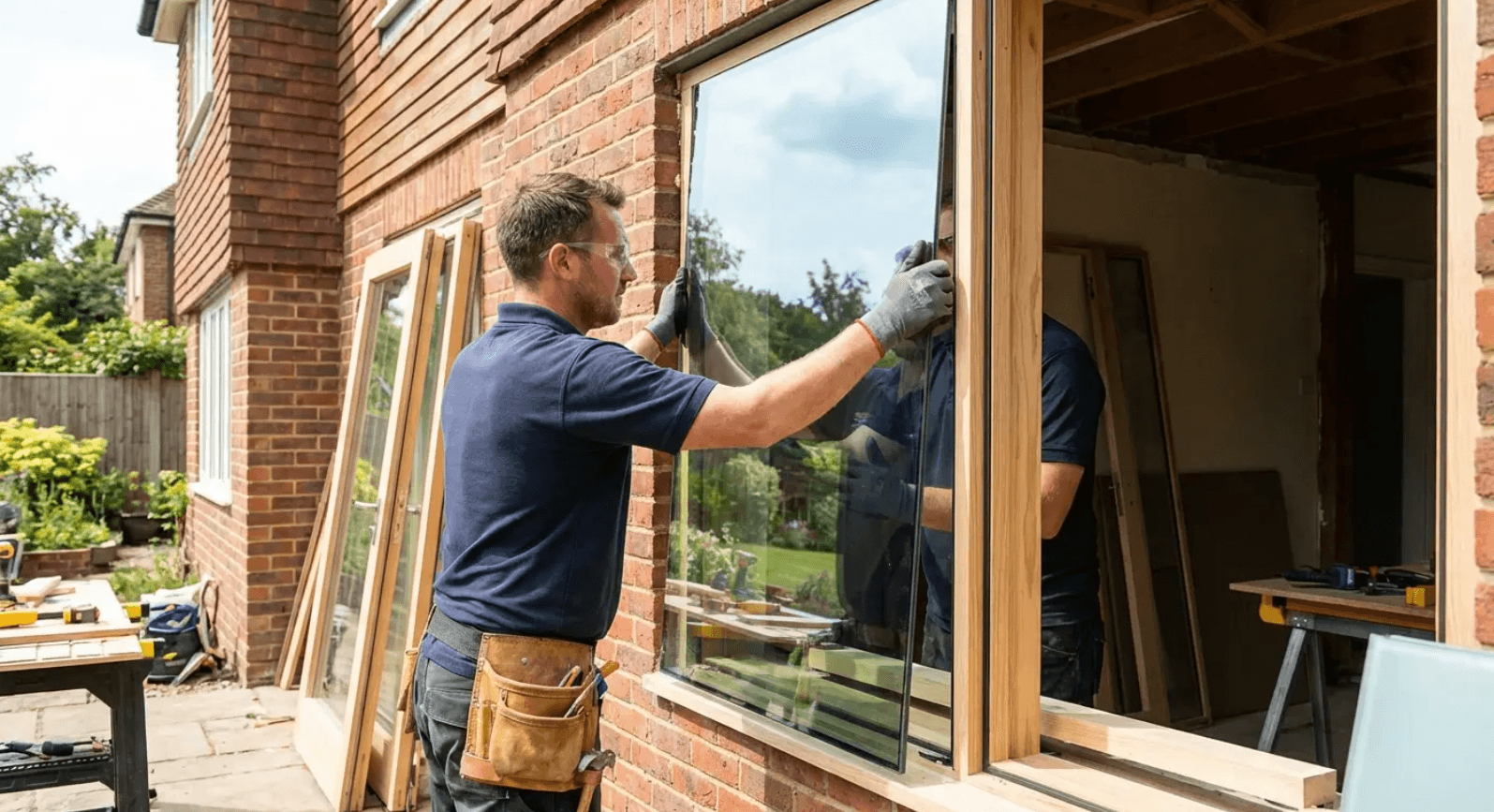 Contractor installing replacement windows in a brick home, showing how proper installation affects energy efficiency.