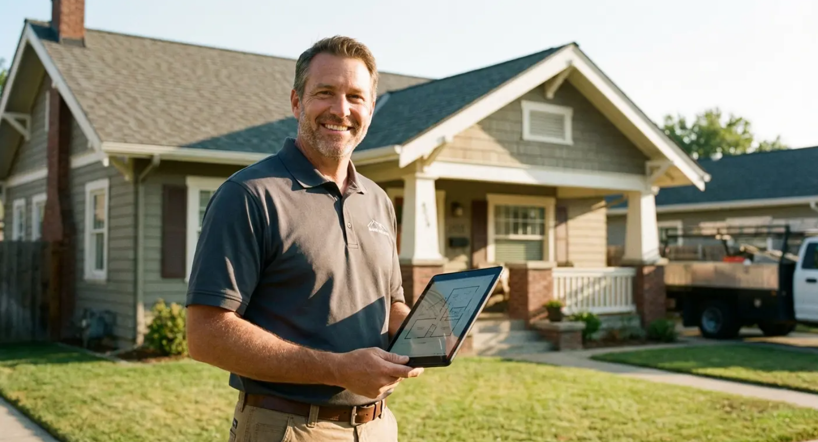 Man holding tablet smiles in front of a house. Green grass, sunlight.