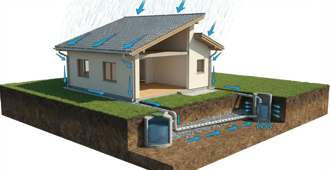 Home drainage system illustration showing how proper roof overhang design and grading protect the foundation